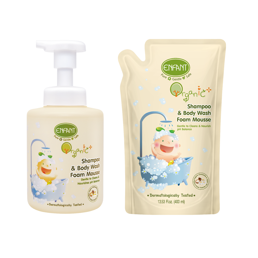 Enfant อองฟองต์ Organic Plus Shampoo & Body Wash Foam Mousse + Free (Refill) แชมพูแอนด์ บอดี้วอชโฟมมูส ขวดแถมถุง