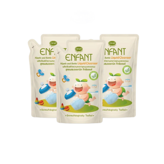 Enfant อองฟองต์ Nipple and Bottle Liquid Cleanser ผลิตภัณฑ์ทำความสะอาดจุกนมและขวดนม สูตรผสมออร์แกนิก ทีทรีออยล์ ชนิดขวด 600 ml. 1ลัง/12ซอง