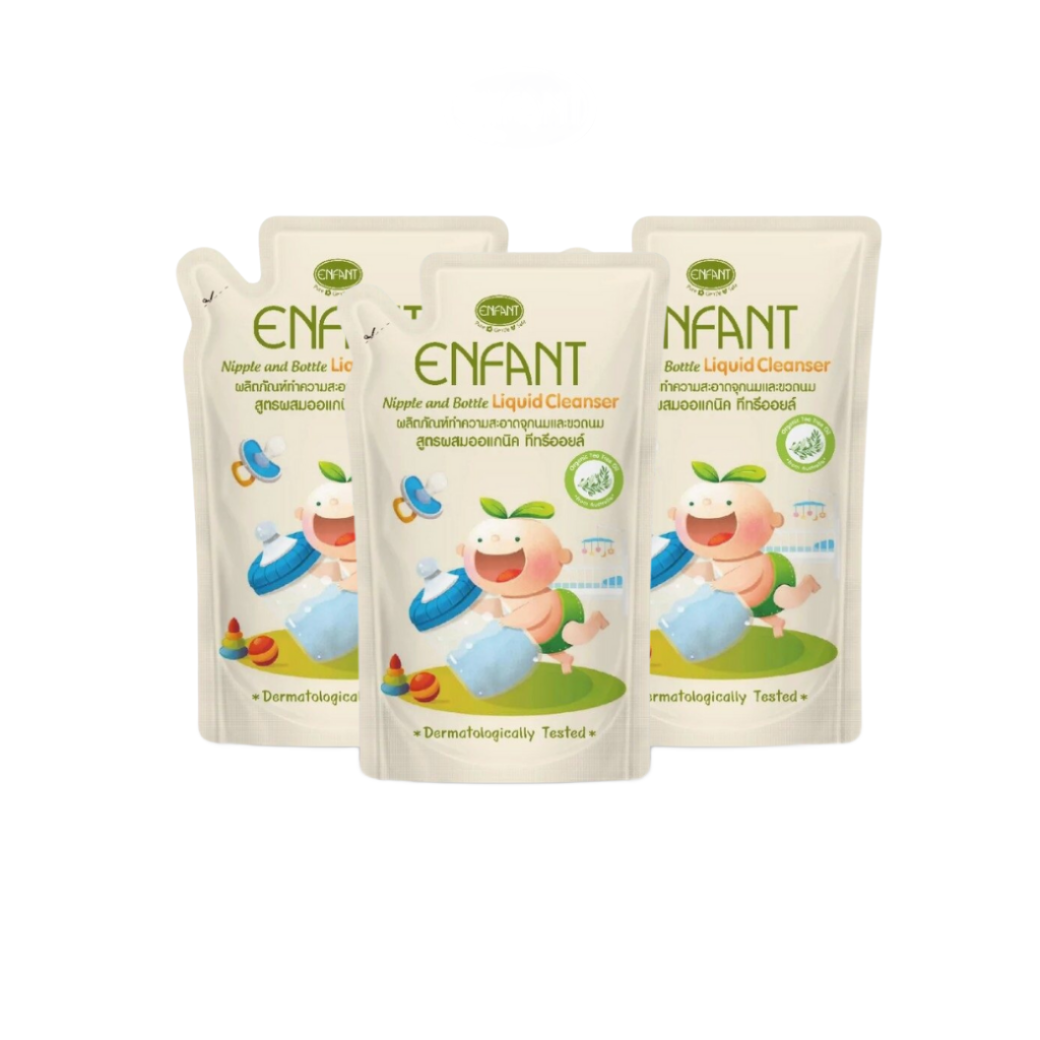 Enfant Nipple and Bottle Liquid Cleanser ผลิตภัณฑ์ทำความสะอาดจุกนมและขวดนม สูตรผสมออร์แกนิก ทีทรีออยล์ ชนิดขวด 600 ml. 1ลัง/24ซอง