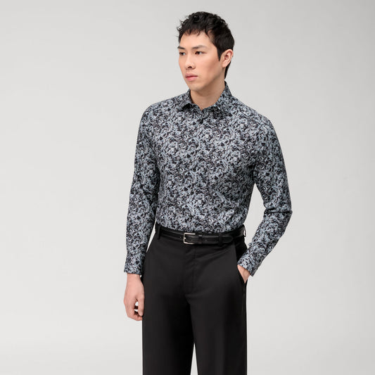 OLYMP LUXOR Shirt เสื้อเชิ้ตสีดำพิมพ์ลาย กราฟิก ใส่สบาย รีดง่าย