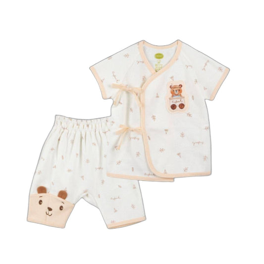 ENFANT อองฟองต์ ชุดเสื้อป้ายผูกหน้า+กางเกง สำหรับเด็กอายุ 0-6 เดือน คอลเลกชั่น หมีกางเต็นท์ ผ้าคอตตอนออร์แกนิก สีครีม