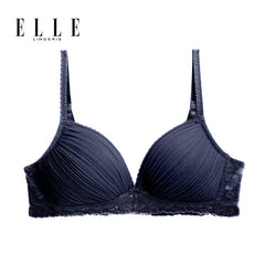 ELLE lingerie Moulded bra ยกทรงไร้โครงเต้าสามเหลี่ยมแต่งพลีทและผ้าลูกไม้ สีเบจ (LB6721)