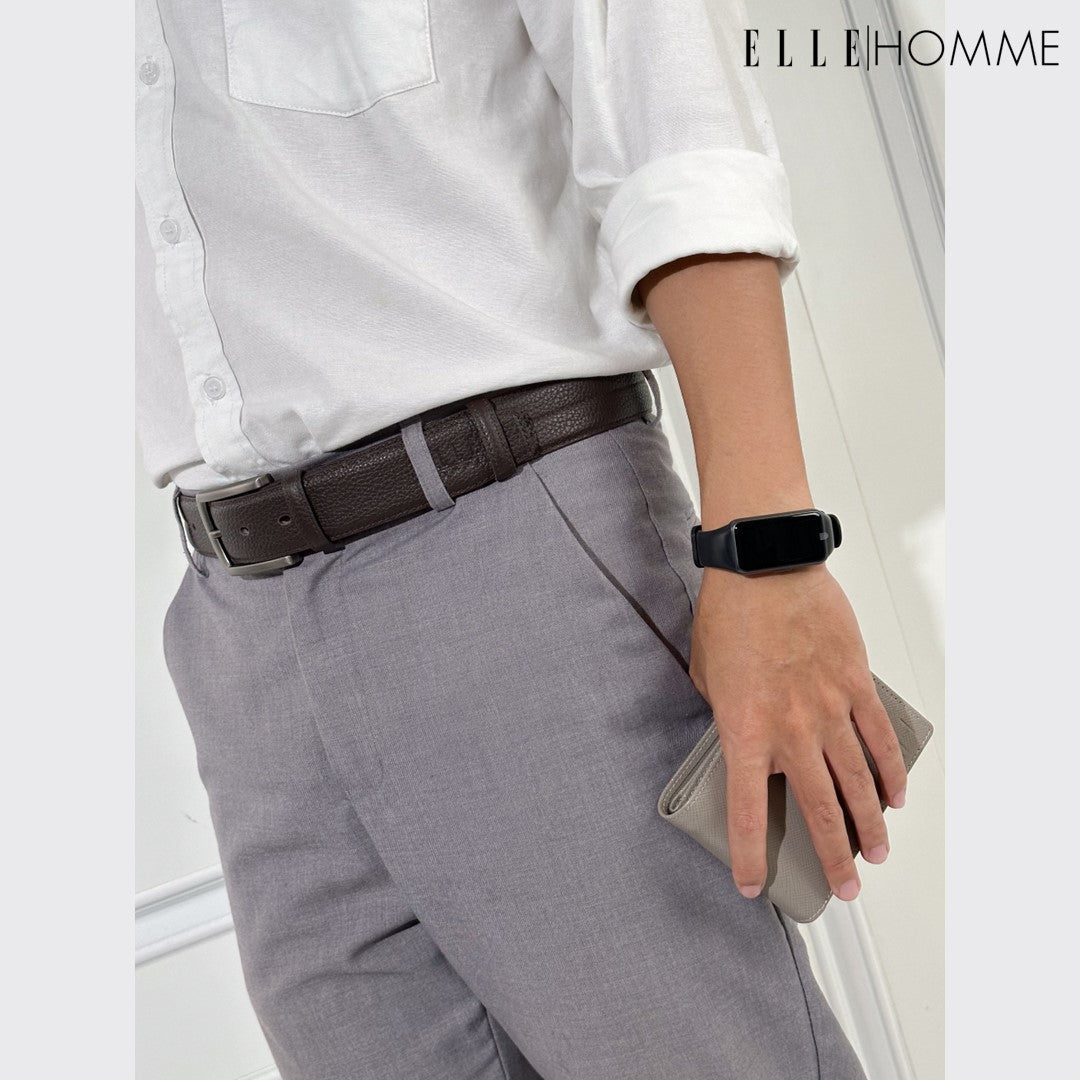 ELLE HOMME I เข็มขัดหนังวัวแท้ สไตล์ Casual เย็บเดินเส้นกลางด้วยสีน้ำตาลเพิ่มความเท่ห์ สีน้ำตาล I H84002