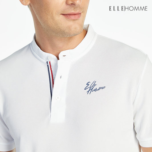 ELLE HOMME POLO | เสื้อยืดโปโลคอจีน แขนสั้น แต่งเทปลายธงชาติฝรั่งเศส สีขาว | W8K904