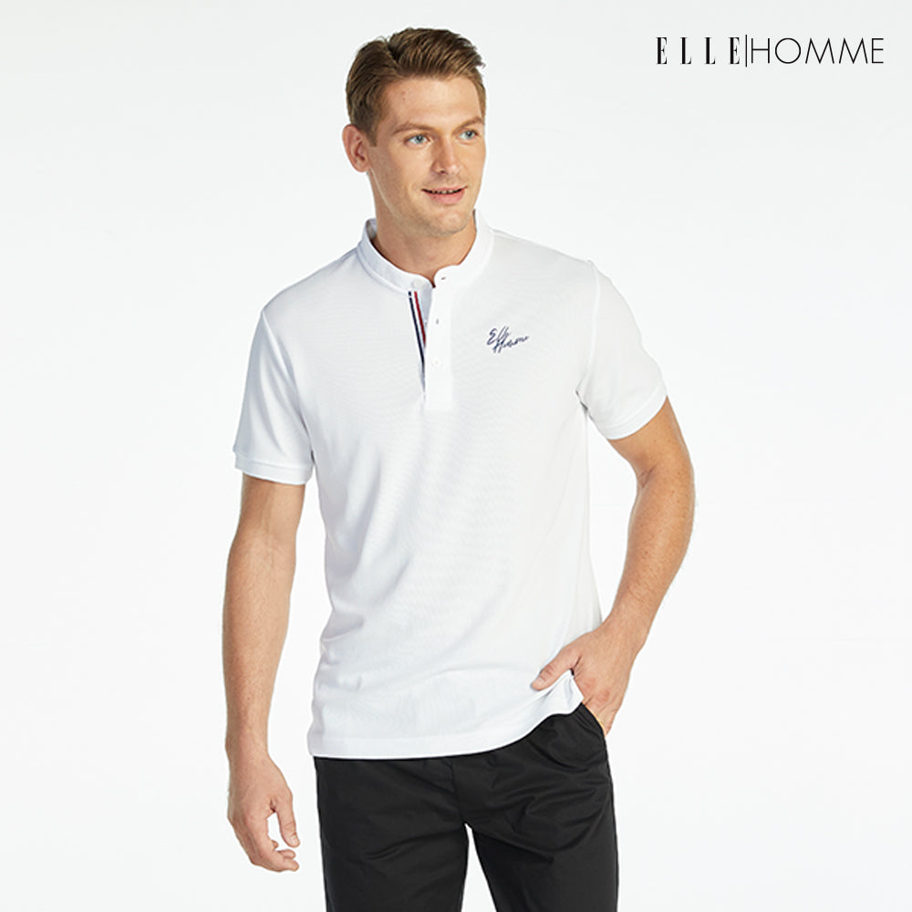 ELLE HOMME POLO | เสื้อยืดโปโลคอจีน แขนสั้น แต่งเทปลายธงชาติฝรั่งเศส สีขาว | W8K904