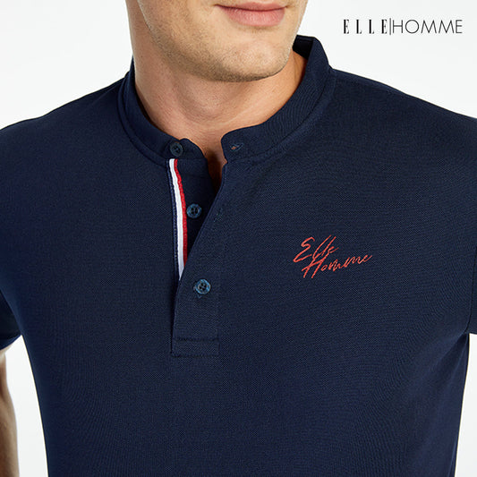 ELLE HOMME POLO | เสื้อยืดโปโลคอจีน แขนสั้น แต่งเทปลายธงชาติฝรั่งเศส สีกรม | W8K904