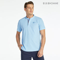 ELLE HOMME POLO | เสื้อยืดโปโลคอจีน แขนสั้น แต่งเทปลายธงชาติฝรั่งเศส สีฟ้า | W8K904