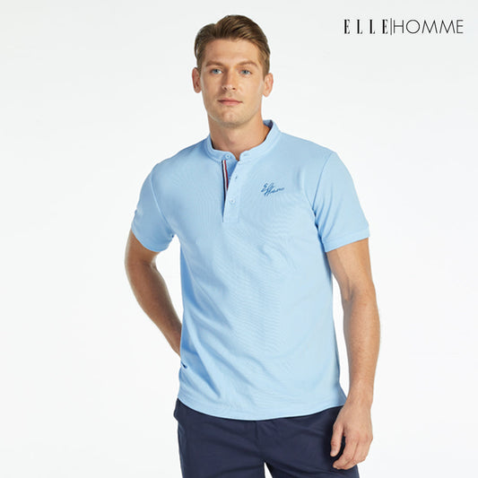 ELLE HOMME POLO | เสื้อยืดโปโลคอจีน แขนสั้น แต่งเทปลายธงชาติฝรั่งเศส สีฟ้า | W8K904