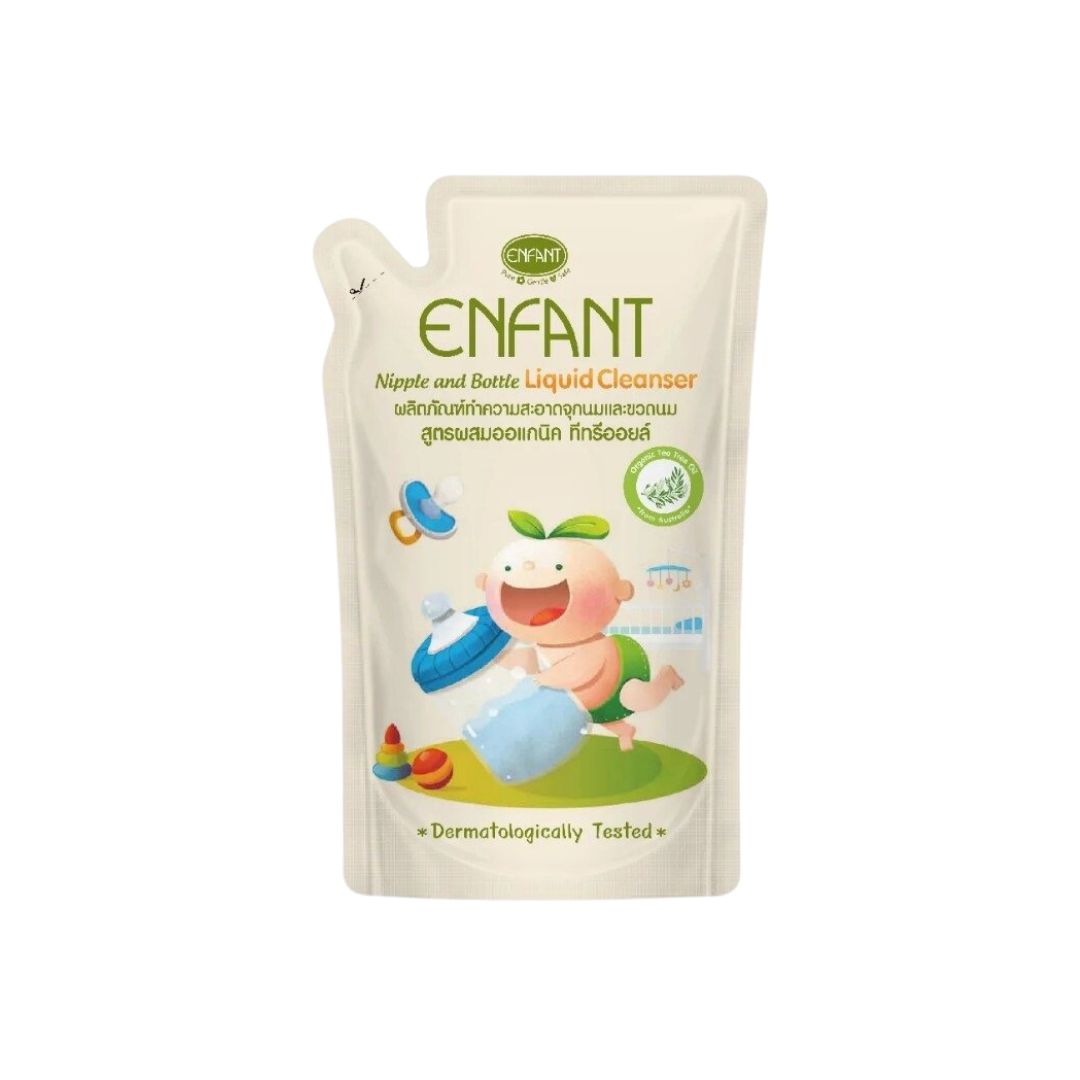 Enfant อองฟองต์ Nipple and Bottle Liquid Cleanser ผลิตภัณฑ์ทำความสะอาดจุกนมและขวดนม สูตรผสมออร์แกนิก ทีทรีออยล์ ชนิดถุงเติม 600 ml.