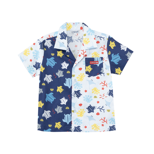 ENFANT อองฟองต์ เสื้อเชิ้ตแขนสั้น + กางเกงสามส่วน คอลเลกชั่น เต่าทะเล พิมพ์ลายเต่ามะเฟือง ผ้าคอตตอนผสมผ้าซาติน สำหรับเด็กอายุ 6 เดือน - 8 ปี สีฟ้า