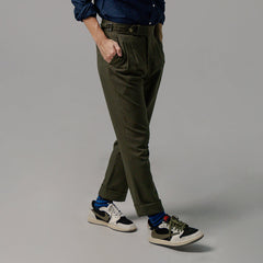 era-won กางเกงขายาว รุ่น Double Belts Trousers V2 ทรง Skinny Crop เอวสูง สี Olive (เขียวขี้ม้า) ผ้าใหม่