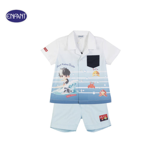 ENFANT (อองฟองต์) ชุดเสื้อกระดุมแขนสั้น + กางเกงสามส่วน สำหรับเด็กอายุ 6 เดือน - 8 ปี คอลเลกชั่น SoS Art toy สีฟ้า