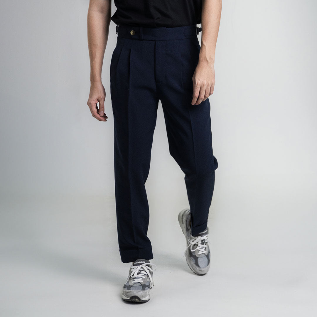 era-won กางเกงขายาว รุ่น Double Belts Trousers V1 ทรง Skinny Crop เอวสูง สี Blue system (กรมเข้ม)