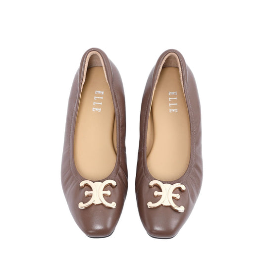 ELLE SHOES รองเท้าหนังแกะ ทรงบัลเล่ต์ LAMB SKIN COMFY COLLECTION รุ่น Ballerina สีน้ำตาล ELB001