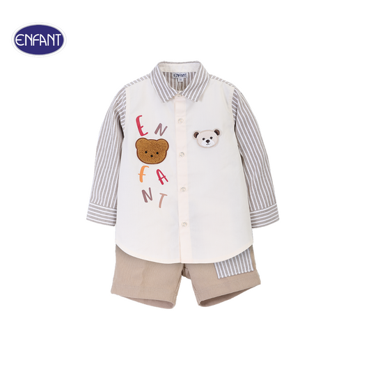 ENFANT (อองฟองต์) ชุดเสื้อแขนยาว+กางเกงสามส่วน สำหรับเด็ก 6 เดือน - 8 ปี คอลเล็กชั่น Mini Luxe Bear ผ้าคอตตอน 100% สีน้ำตาล