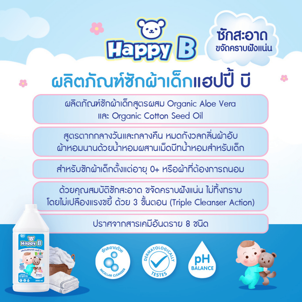 HAPPY B BABY DELICATE FABRIC WASH 300 ml. น้ำยาซักผ้าเด็ก สูตรผสมออร์แกนิค ขจัดกลิ่นอับแม้ตากในที่ร่ม - BigxShow