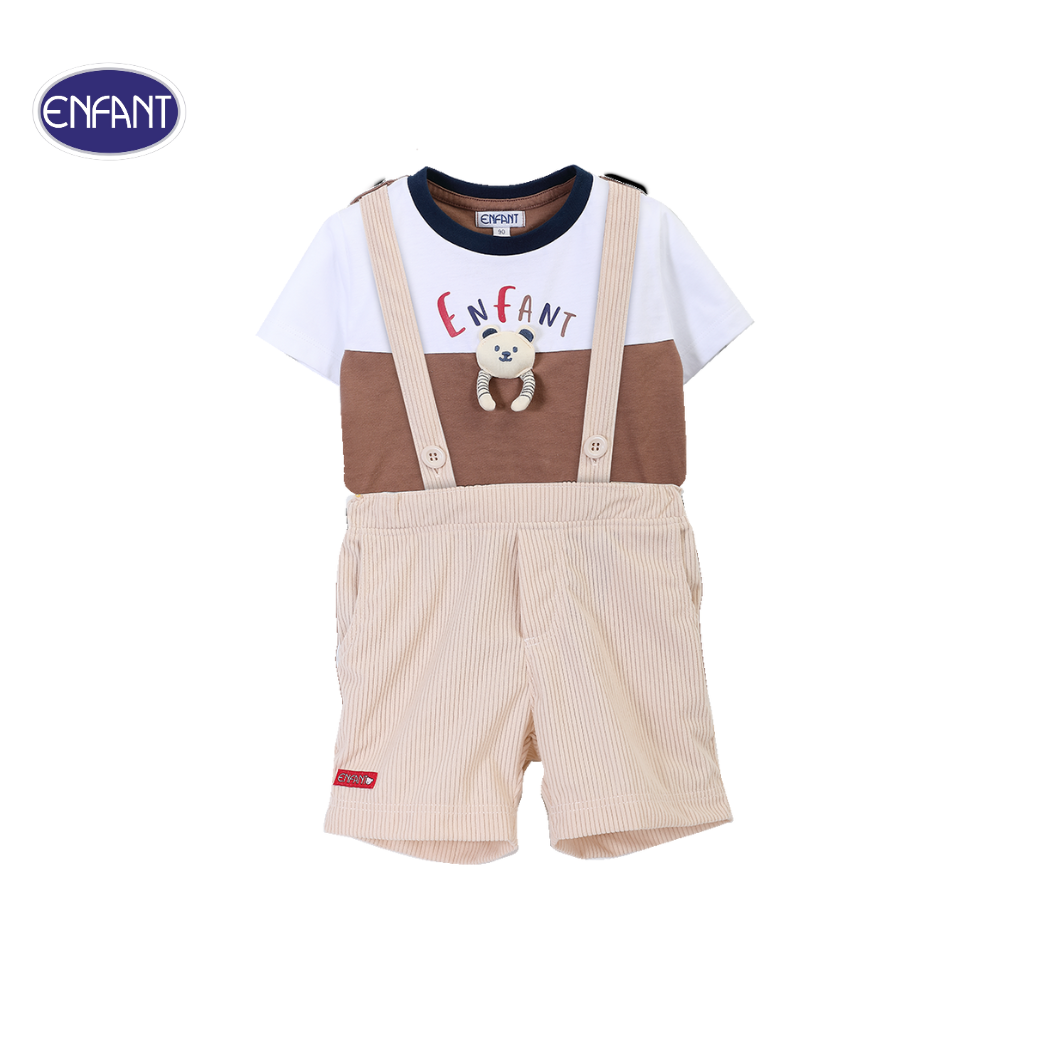 ENFANT (อองฟองต์) เสื้อยืดแขนสั้น+กางเกงเอี้ยม สำหรับเด็ก 6 เดือน - 8 ปี คอลเล็กชั่น Mini Luxe Bear ผ้าคอตตอน 100% สีน้ำตาล