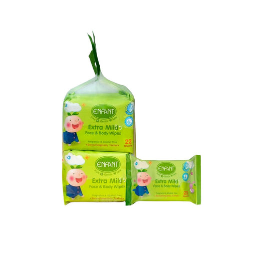 ENFANT (อองฟองต์) Extra Mild Face & Body Wipes ผ้าเช็ดทำความสะอาดแบบเปียก สูตรน้ำแร่บริสุทธิ์ 1แพ็ค/8ห่อ 22แผ่น/ห่อ