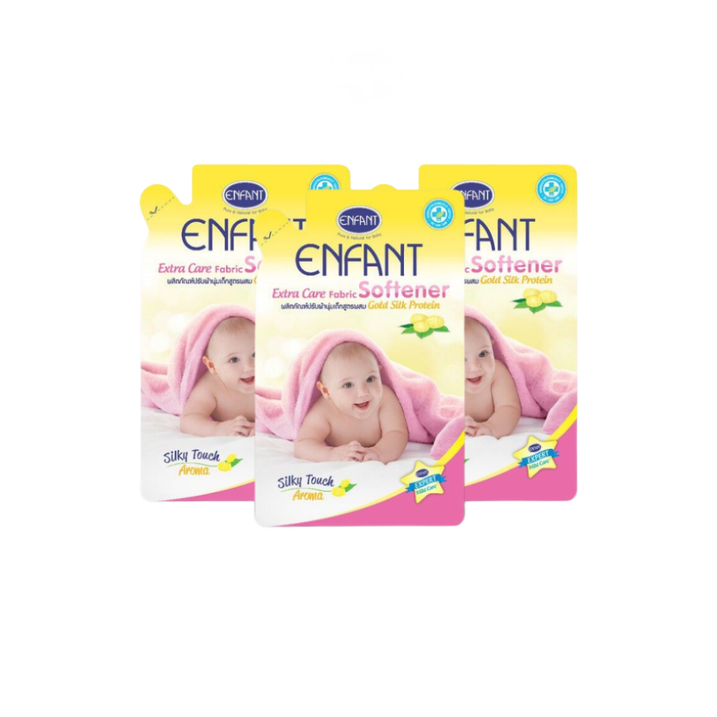 Enfant อองฟองต์ Extra Care Fabric Softener Gold Silk Protein ผลิตภัณฑ์ปรับผ้านุ่มสำหรับเด็กแรกเกิดและถนอมผิวบอบบาง สูตรผสม Gold Silk Protein 700 ml. 1ลัง/12ซอง