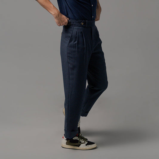 era-won กางเกงขายาว รุ่น Double Belts Trousers V2 ทรง Skinny Crop เอวสูง สี Navy (กรม) ผ้าใหม่