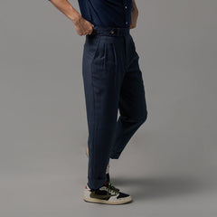 era-won กางเกงขายาว รุ่น Double Belts Trousers V2 ทรง Skinny Crop เอวสูง สี Navy (กรม) ผ้าใหม่