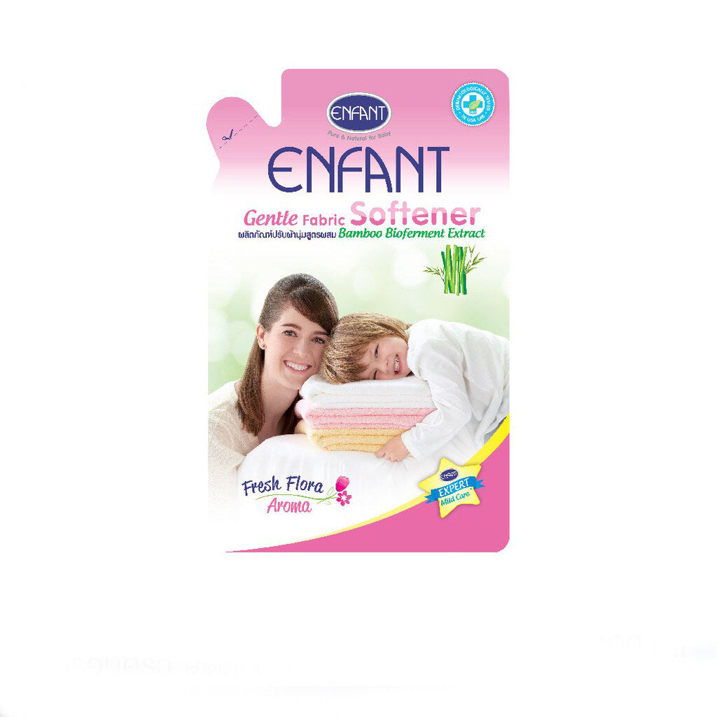 Enfant อองฟองต์ Gentle Fabric Softener ผลิตภัณฑ์ปรับผ้านุ่มสำหรับทุกคนในครอบครัว สูตรบอกลากลิ่นอับชื้นด้วย Bamboo Bioferment Extract 700 ml./ซอง 1ลัง/18ซอง