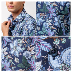 OLYMP LUXOR Shirt เสื้อเชิ้ตพิมพ์ลายดอกไม้ สีกรมท่า ทรงหลวม ใส่สบาย รีดง่าย