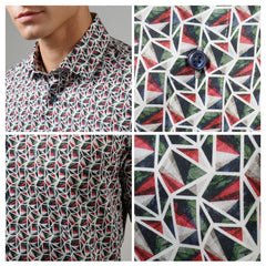 OLYMP LUXOR Shirt เสื้อเชิ้ต พิมพ์ลายกราฟิกสีเขียว-แดง ใส่สบาย รีดง่าย