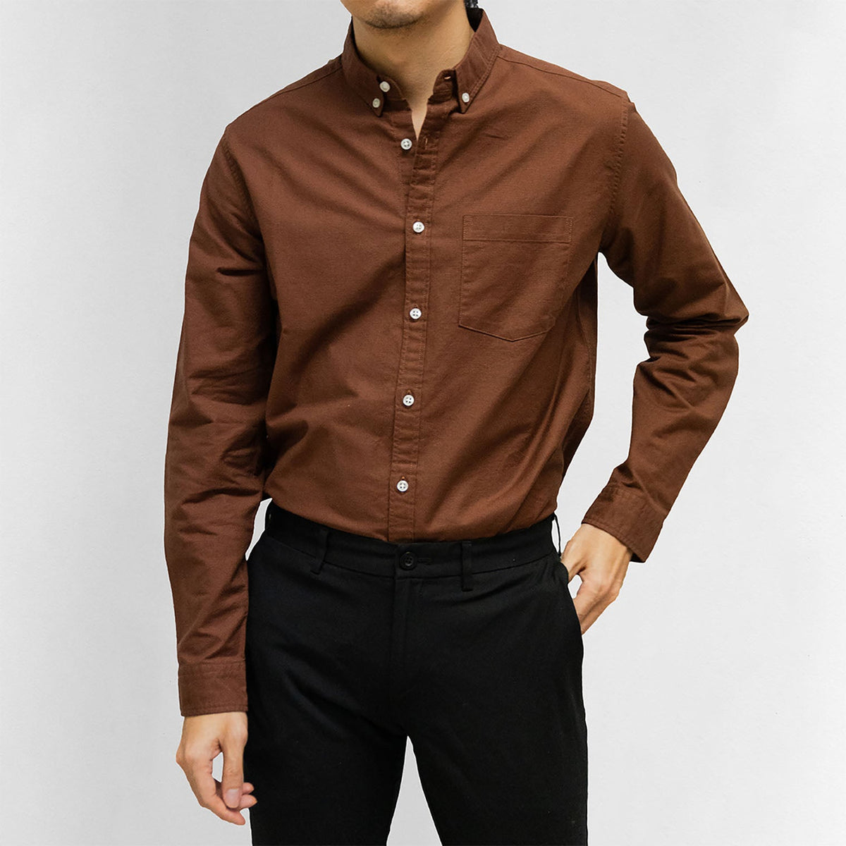 era-won เสื้อเชิ้ต ทรงปกติ Oxford Shirt แขนยาว คอปก สี Brown