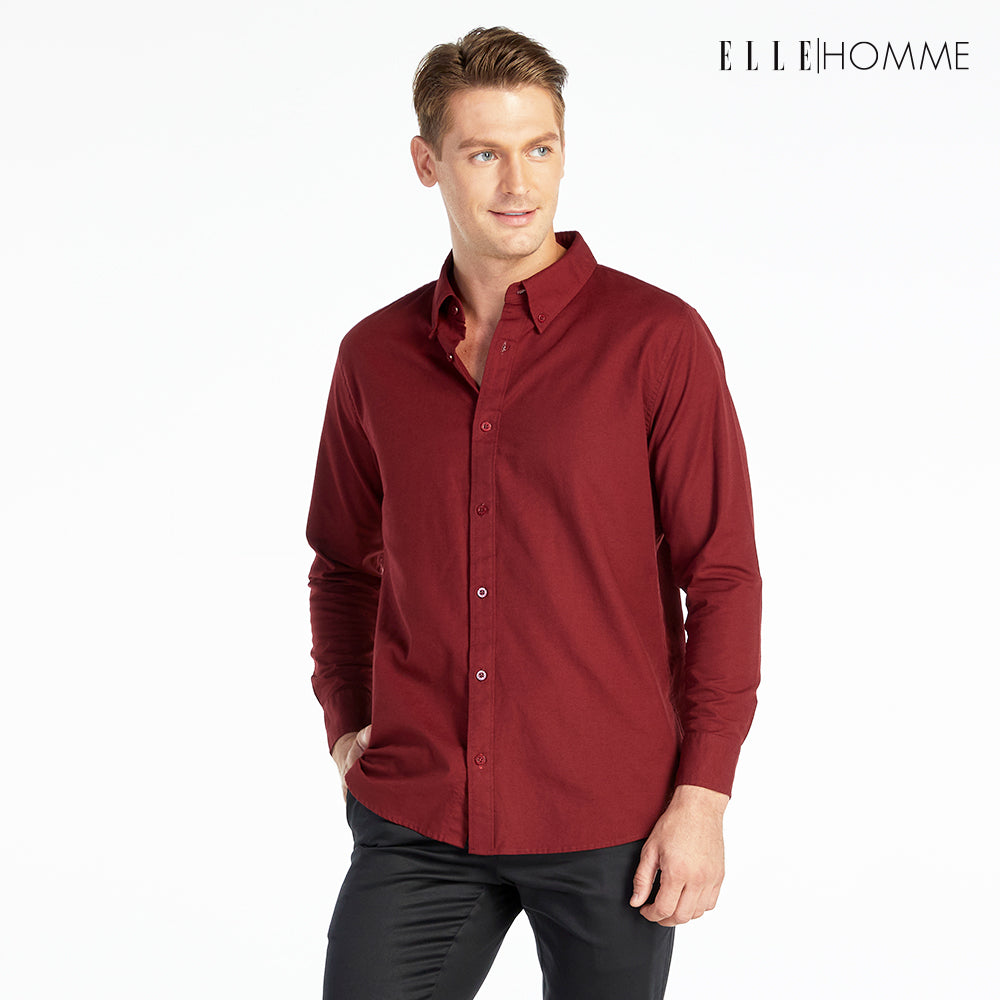 ELLE HOMME เสื้อเชิ้ตแขนยาว คอปก เนื้อผ้าผสม 100% คอตตอน สีแดงไวน์ (W8B675)