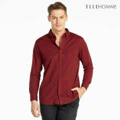 ELLE HOMME เสื้อเชิ้ตแขนยาว คอปก เนื้อผ้าผสม 100% คอตตอน สีแดงไวน์ (W8B675)