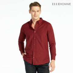 ELLE HOMME เสื้อเชิ้ตแขนยาว คอปก เนื้อผ้าผสม 100% คอตตอน สีแดงไวน์ (W8B675)