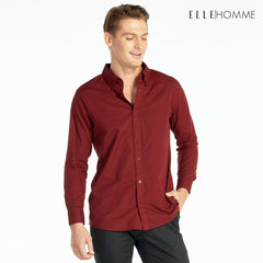 ELLE HOMME เสื้อเชิ้ตแขนยาว คอปก เนื้อผ้าผสม 100% คอตตอน สีแดงไวน์ (W8B675)