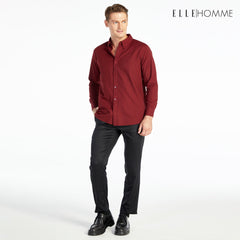 ELLE HOMME เสื้อเชิ้ตแขนยาว คอปก เนื้อผ้าผสม 100% คอตตอน สีแดงไวน์ (W8B675)