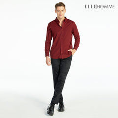 ELLE HOMME เสื้อเชิ้ตแขนยาว คอปก เนื้อผ้าผสม 100% คอตตอน สีแดงไวน์ (W8B675)