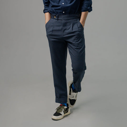 era-won กางเกงขายาว รุ่น Double Belts Trousers V2 ทรง Skinny Crop เอวสูง สี Navy (กรม) ผ้าใหม่