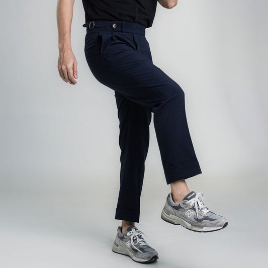 era-won กางเกงขายาว รุ่น Double Belts Trousers V1 ทรง Skinny Crop เอวสูง สี Blue system (กรมเข้ม)