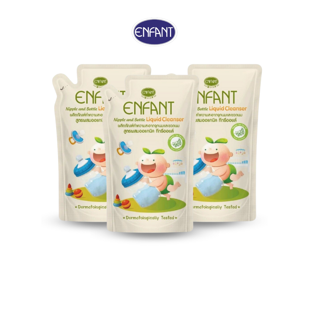 Enfant อองฟองต์ Nipple and Bottle Liquid Cleanser ผลิตภัณฑ์ทำความสะอาดจุกนมและขวดนม สูตรผสมออร์แกนิก ทีทรีออยล์ ชนิดถุงเติม 600 ml. 1แพ็ค/3ซอง