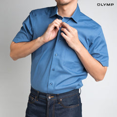 OLYMP LUXOR Shirt เสื้อเชิ้ตผู้ชายแขนสั้น สีน้ำเงิน ผ้าเรียบ ทรงหลวม ใส่สบาย รีดง่าย AUTU24