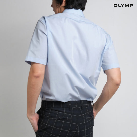 OLYMP LUXOR Shirt เสื้อเชิ้ตผู้ชายแขนสั้น สีฟ้าผ้าเรียบ ทรงหลวม ใส่สบาย รีดง่าย AUTU24