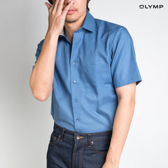 OLYMP LUXOR Shirt เสื้อเชิ้ตผู้ชายแขนสั้น สีน้ำเงิน ผ้าเรียบ ทรงหลวม ใส่สบาย รีดง่าย AUTU24