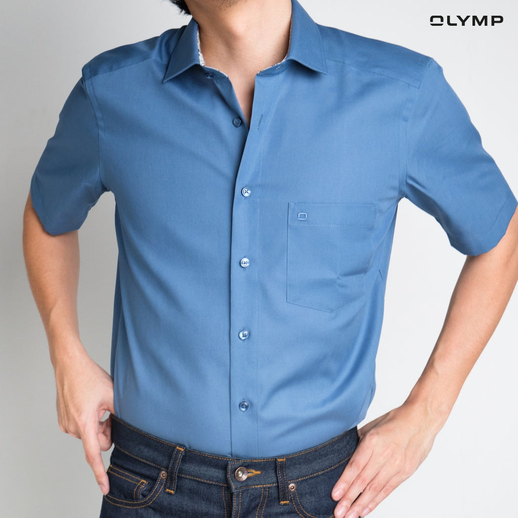 OLYMP LUXOR Shirt เสื้อเชิ้ตผู้ชายแขนสั้น สีน้ำเงิน ผ้าเรียบ ทรงหลวม ใส่สบาย รีดง่าย AUTU24