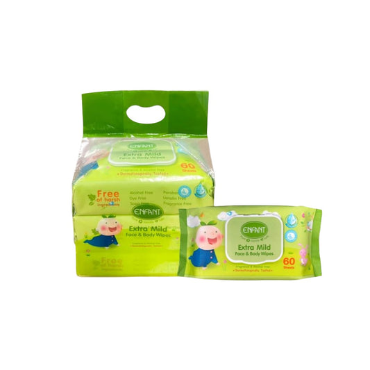 ENFANT (อองฟองต์) Extra Mild Face & Body Wipes ผ้าเช็ดทำความสะอาดแบบเปียก สูตรน้ำแร่บริสุทธิ์ 1แพ็ค/3ห่อ 60แผ่น/ห่อ